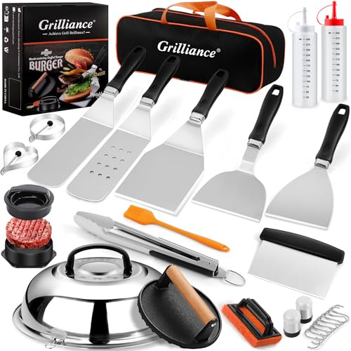 Grilliance 27-TLG Grillspachtel Plancha Zubehör für Männer, Teppanyaki BBQ Grillbesteck Set Edelstahl, Hibachi Smasher Burger Geschenkset mit Pfannenwender, Burgerpresse, Patty-Maker für Blackstone