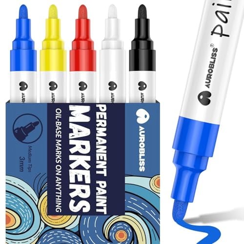 Aurobliss Permanent Marker Bunt 5 Lackstift, Wasserfeste Stifte für Glas, Kunststoff, Holz, Metall, Reifen, Steine Bemalen