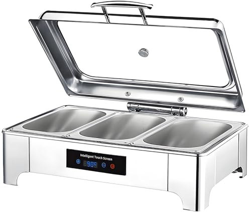 Chafing Dish Elektrisch, Edelstahl Speisewärmer Buffetwärmer Glasdeckel | 9L Einstellbare Temperatur Warmhaltebehälter Essen für Buffets und Partys, Touch-Temperaturregelung (30-85℃)