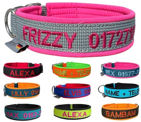 Hundehalsband personalisierbar - kleine und große Hunde (XS - XXL) - individuell zusammenstellen - Halsband Bestickt Name + Telefonnummer - Hundehalsband breit & verstellbar