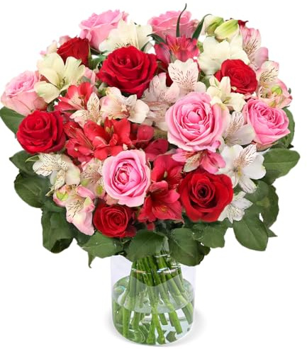 Blumenstrauß Rosenwunder, Rosen und Inkalilien, Rot, Weiß, Rosa, 40-50cm Länge, Qualität vom Floristen, handgebunden, perfekte Geschenkidee bestellen