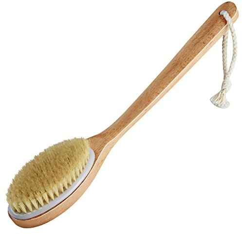 HONZUEN Rückenbürste mit langem gebogenem Stiel, Naturborsten für Dusche | Natur‑Schweineborsten & Buchenholz | Dusche & Trocken | 38 cm | ergonomischer Bogengriff | Rückenpflege