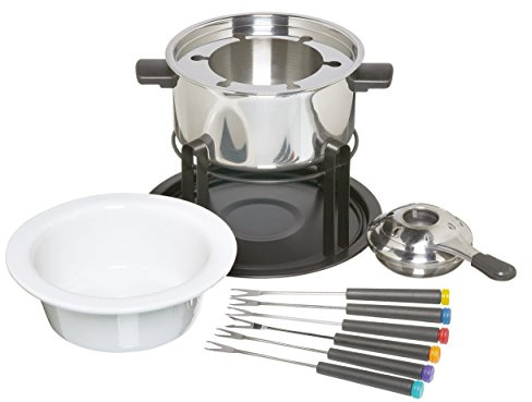 KitchenCraft 3-in-1 Fondue-Set mit farbcodierten Fondue-Gabeln (für Schokoladen-, Fleisch- und Käsefondue), Silber