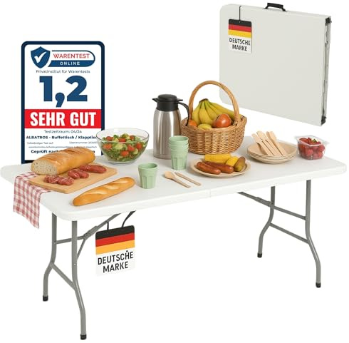 ALBATROS Buffettisch Klapptisch weiß – 182x75cm, robuste Konstruktion klappbar und hohe Tragkraft –für bis zu 10 Personen – Tisch für Bierzelt mit Tragegriff
