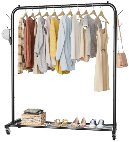 HOMIDEC Schwerlast-Kleiderstange, 100cm Kleiderständer auf Rollen, bis 40kg | Metallgitter-Ablage & Seitenhaken, Platz für 50 Kleidungsstücke, Stabil & einfach aufzubauen, für Schlafzimmer und Waschküche