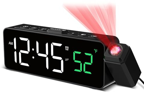 Netzu Projektionswecker für Decke Wände, Digitaler Wecker mit 180° Projektor, Temperaturanzeige, LED-Anzeige, 4 Helligkeit, 3 Lautstärke, 9-Min-Schlummer, 12/24H, Wecker mit Projektion