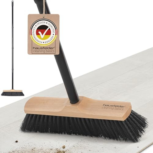 Hausfelder Innenbesen mit Stiel & Besenstiel mit Gewinde - Hausbesen Küchenbesen Haushaltsbesen 30cm Holz Kehrbesen mit weichen Borsten, Zimmerbesen Stubenbesen Haarbesen für Innen schwarz