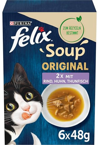 FELIX Soup Time Original Ergänzungsnassfutter für Katzen 6 Portionsbeutel Rind Huhn Thunfisch