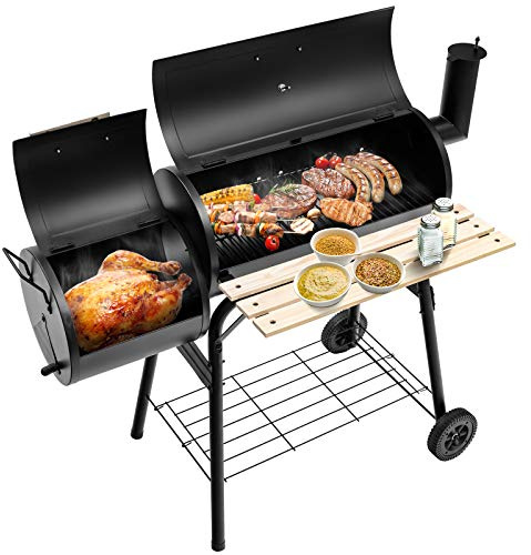 KOMFOTTEU Holzkohlegrill mit Kamin, 2 in 1 Räuchern Grillen, Thermometer und Rädern, Rauchgrill Stahlgrill mit seitlichem Tisch & Bodenregal, Grillwagen BBQ für outdoor, Smoker Grill 115x65x108 cm