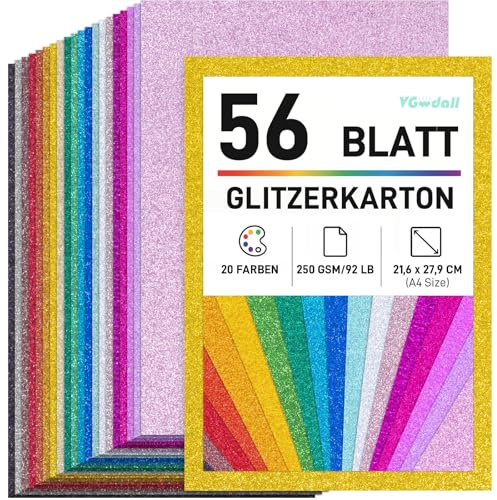 VGOODALL Glitzerpapier zum Basteln, 56 Blatt A4 20 Farben 90lb/250g/m² Glitzer Kartonpapier, Buntes Bastelpapier für Weihnachtskarten, Weihnachtsdeko, Geschenkverpackung und DIY Handwerk