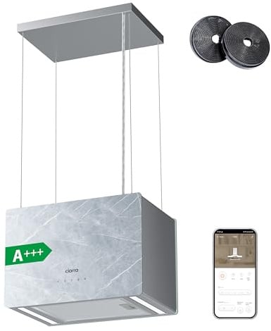Ciarra A+++ CBCW4850 Inselhaube Dunstabzugshaube Umluft Freihängend 48 cm 700m³/h Smart App Gesteuert Touch-Bedienung 3 Stufen Booster CBCF003 Kohlefilter Pinnacle Insel Ivory Mist Marmor Glas
