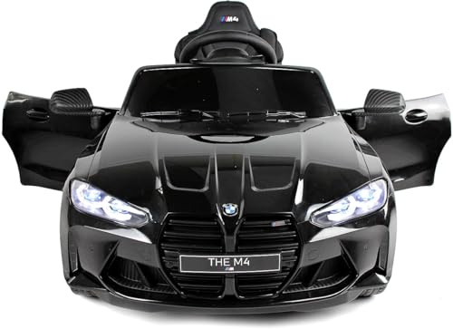BMW M4, MPower- 90W, 12V-14ah, Eva Räder, Ledersitz, Kinderauto Kinderfahrzeug Kinder Elektroauto, Bluetooth, Fernbedienung 2.4G (Schwarz)