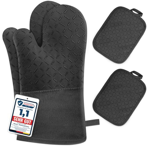 MILcea Ofenhandschuhe Topflappen Topfhandschuhe 4er Set - Ofenhandschuhe Hitzebestaendig bis 300°C, Rutschschutz, Verlängern, Weich, Backhandschuhe Kochhandschuhe Oven Gloves, Schwarz