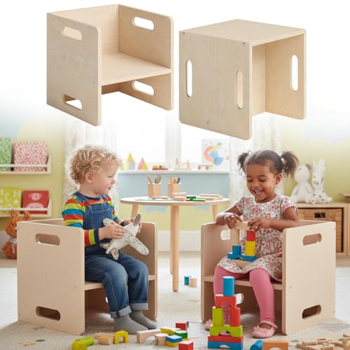 Bellabino Aki Wendehocker 2er-Set – 2in1 Kinderhocker/Beistelltisch aus Holz Natur – Montessori Kinderstuhl aus Birke für Kinderzimmer – multifunktionaler Sitzhocker mit 3 Sitzhöhen – 34 x 35 x 35 cm