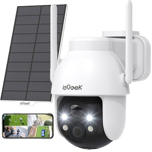 ieGeek 2K 3MP Überwachungskamera Aussen Solar, 360° PTZ Kamera Aussen Akku, 2.4GHz Kabellos Überwachungskamera mit PIR Bewegungsmelder,Farb-Nachtsicht, 2-Wege-Audio, IP65