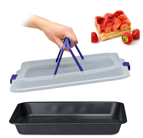Relaxdays Backblech mit Deckel, 3 in 1 Kuchen Transportbox, BT 40,5 x 32,5 cm, Backform, Transporthaube, schwarz/blau