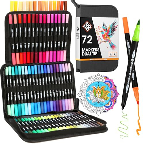 ZENO 72 Filzstifte Set-C mit Doppelseitiger Spitze und Etui – Stifte Set mit Feiner Spitze und Pinselspitze für Mandalas, Malbücher, Zeichnen und Lettering – Dual Brush Pen für Erwachsene