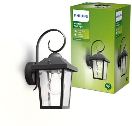 Philips Buzzard Outdoor-Lampe, Wandlampe, Außenbeleuchtung, IP44-Wetterfest, Langlebig, Aluminium, Klassisches Design, Schwarz, E27-Leuchtmittel Separat Erhältlich