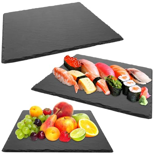 YAYODS 3 Stück Schieferplatte 30x30CM - Servierplatten Quadratisch Naturschiefer - Servierplatte Groß aus Schiefer - Servierplatte für Buffet, Sushi, Käse - zum Servieren, Anrichten und als Deko