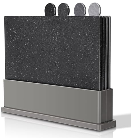 MASTERTOP Schneidebrett Kunststoff Set, 4er Schneidebrett Set mit Ständer, Index Schneidebretter Antibakterielle, Groß Küchenbrett Frühstücksbrettchen für Fisch Fleisch Gemüse Obst