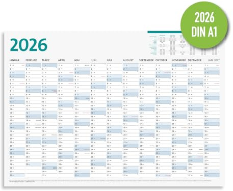Wandkalender 2026 DIN A1 – Großer Jahreskalender mit Feiertagen, Schulferien & Monatsübersicht für Büro & Zuhause, gefaltet