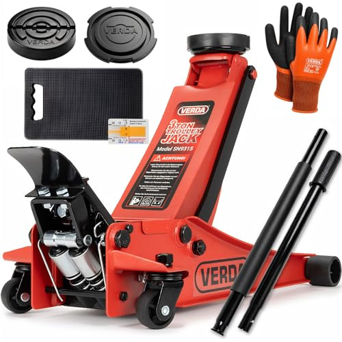 Verda Wagenheber hydraulisch 3T, 75-515mm, 2X Gummi, mit Fußpedal, mit Schmiernippel, Montagehandschuhe Extra Flacher Rangierwagenheber Doppelpumpsystem Doppelkolben Unterstellbock Auto Heber Profi