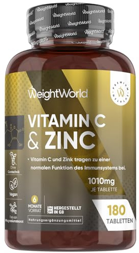 Vitamin C Zink Tabletten - 1010 mg - 6 Monate Vorrat - 180 vegane Stück mit Ascorbinsäure & Zinkcitrat - Vitamin C trägt zur Verringerung von Müdigkeit und Erschöpfung bei (EFSA) - WeightWorld