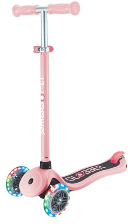 GLOBBER Primo Lights – Tretroller Kinder, 120/80 mm, ABEC 9, 3-rädrig, höhenverstellbar, LED-Leuchtrollen, pastellrosa