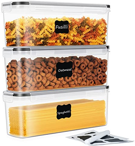 HRUISE Pasta Vorratsbehälter 3er Set, 2,3Liter Rechteckige Spaghetti Lange Nudel Aufbewahrungsbox mit Luftdicht Deckel, BPA frei Kunststoff Küche Lebensmittel Vorratsdosen für Pasta Haferflocken