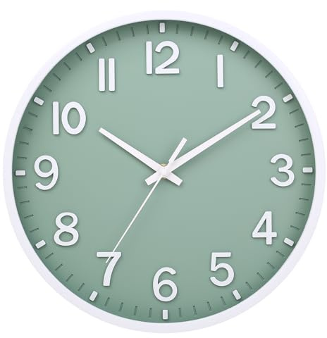 Moiubik 20 cm Lautlos Wanduhr Ohne Tickgeräusche, Moderne Batteriebetriebene Uhr für Zuhause,Wohnzimmer, Schlafzimmer, Küche,Büro, Wanddekoration (Grün Weiß,20CM)
