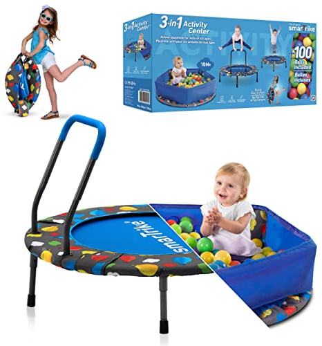 smarTrike Indoor-Kleinkind-Trampolin mit Griff, inklusive Bällebecken mit 100 Bällen, faltbares Kindertrampolin, 1-5 Jahre