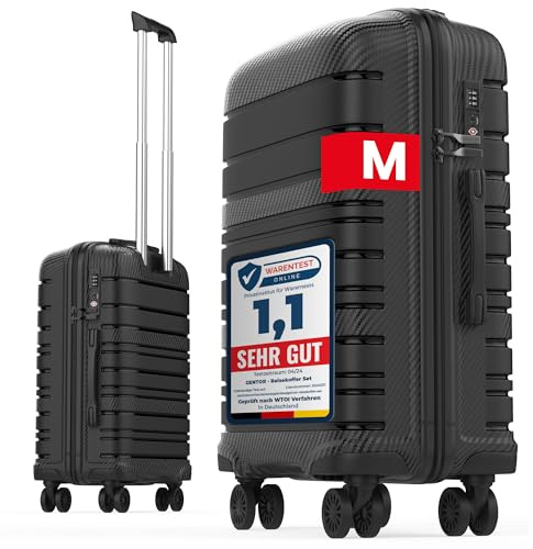 Handgepäck Koffer M 54x37x20 cm 4 Rollen TSA-Schloss Hartschale 39L leicht | Trolley Cabin Bag Suitcase Medium, Polypropylen Carbonoptik Teleskopgriff, 360° Spinner leise, Ryanair Lufthansa Flug