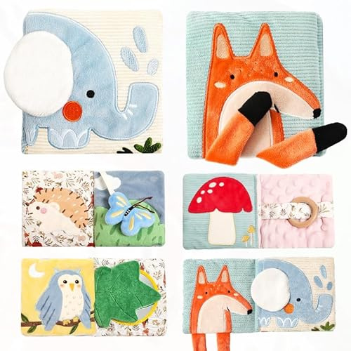 WOODEN TEETHER Babybuch Stoffbuch mit Spiegel, Baby Spielzeug 0-6 Monate Sensorisches Buch - Interaktive Fühlbuch Knisterbuch Babyspielzeug Geschenke für Neugeborene - Elefanten