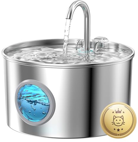 Katzenbrunnen Edelstahl Trinkbrunnen für Katze: Katzenbrunnen für Katzen - 2.2L Wasserbrunnen für Katzen mit 1 Filter und 1 Schwamm - Automatisch Katzentrinkbrunnen für Hunde mit Sichtfenster