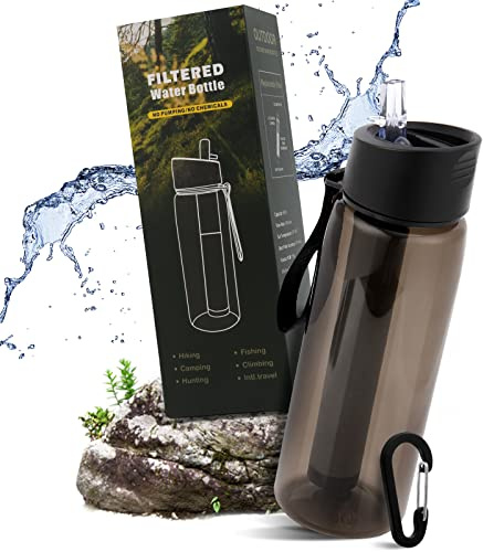 Carastek Wasserfilterflasche, Outdoor Wasserfilter Flasche mit 1500L Filterkapazität I entfernt 99,99% Aller Bakterien und Keime ab, Filter für Wandern Camping Survival Reise（650ml） (Black)