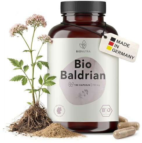 BIONUTRA Bio Baldrian Kapseln, 180 Stück à 700 mg hochdosiert, vegan & ohne Zusätze, Rückstandskontrolliert, Deutsche Herstellung aus Baldrian Bio Wurzelpulver