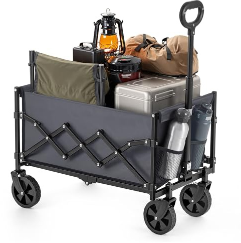 SONGMICS Kleiner Handwagen faltbar, Gartenwagen, kompakt, mit Griff, mit 4 verstärkten Rollen, Davon 2 Universalräder, bis 180 kg belastbar, Outdoor, Garten, 90 L, schiefergrau GFW909G01