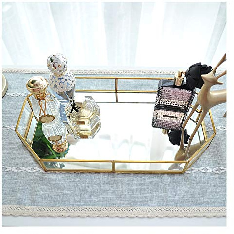 Goldfarbenes Glas-Tablett, Spiegeltablett, Parfüm Organizer, Polygon-Metall
