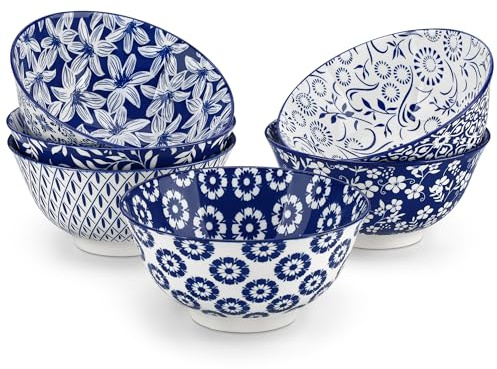 vancasso Müslischalen 6-teiliges Set aus Porzellan (6x 720ml) – Keramikschalen mit Vintage-Design blau-weiß, Schüsseln für Müsli, Salat, Suppe, Ramen, Obst oder Dessert, Serie SELENE