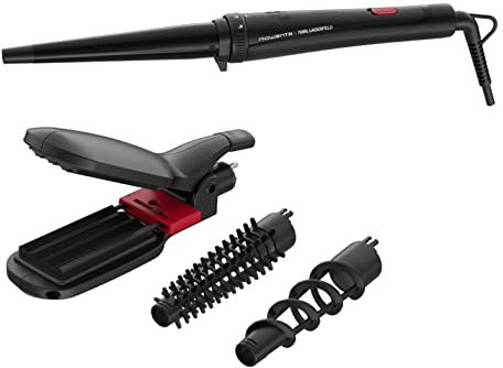 Rowenta x Karl Lagerfeld Infinite Looks, Multistyler CF422L | Lockenstab, heiße Haarbürste, Keramikbeschichtung, 190 °C, kalte Spitze, Einfache tägliche Anwendung, Farbe: Schwarz/Rot