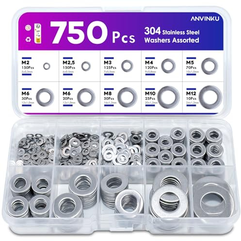 ANVINKU Unterlegscheiben Set, 750 Stück Flach Unterlegscheiben Edelstahl, 9 Größen Beilagscheiben Sortiment, Edelstahl Unterlegscheiben für Schrauben, Unterlegscheibe M2 M2.5 M3 M4 M5 M6 M8 M10 M12