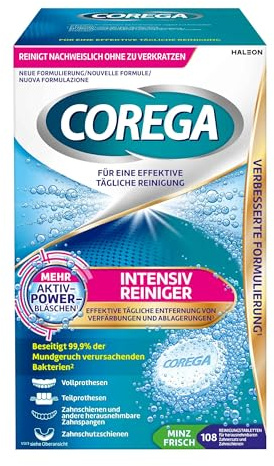 Corega Intensiv Reiniger (Tabs) für Voll- und Teilprothesen, Retainer und Aligner, Zahnschutzschienen und andere herausnehmbare Zahnspangen, 1x108 Stk.