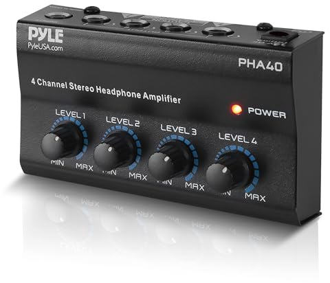 Pyle 4-Kanal Kopfhörerverstärker – Kompakter Kopfhörer-Amp mit 4 Ausgängen und individueller Lautstärkeregelung, ideal für Studio, Podcast und DJ, inkl. Netzteil