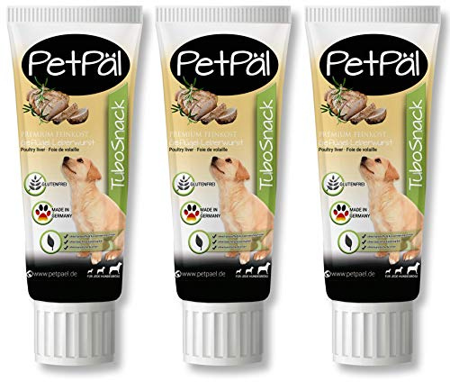 PetPäl Hunde Geflügel Leberwurst “TuboSnack“ - Tuben Leckerli fettreduziert | Hundesnack ohne Getreide, Salz, Zucker - Made in Germany - Belohnung, Snack für große, kleine Hunde und für Welpen - 3x75g