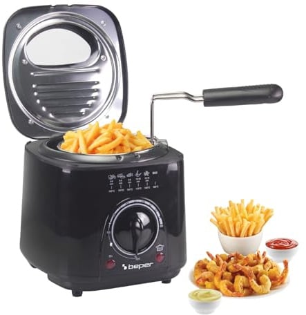 Beper P101FRI100 1 l elektrische Fritteuse, 950 W, herausnehmbarer Stahlkorb, Deckel mit Bullauge, waschbarer herausnehmbarer Filter, einstellbare Temperatur, rutschfeste Füße, schwarz