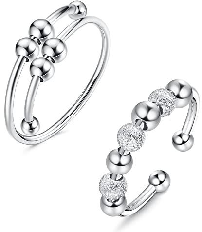 KALVICA Fidget Ring Silber 925 Damen Anti Stress Ring Anxiety Rings | Antistress Ring Verstellbar Stressring mit Kugeln Sanft Drehbarer Wasserfest Spinner Ring Schmuck Geschenk für Damen