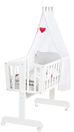 roba Babywiege 40 x 90 cm Adam & Eule - Stubenwagen & Wiege mit Rollen - Bett Set komplett mit Feststellfunktion - Inkl. textiler Ausstattung - Holz weiß