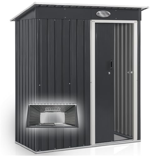 Juskys Gerätehaus Metall 1 m² – Geräteschuppen mit Pultdach, Schiebetür & Fundamentrahmen, kleines Gartenhaus als Gartenschrank 161x86x181 cm – Anthrazit