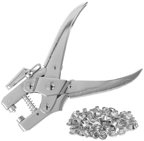 Kurtzy Ösenzange Set Lochzange mit 100 Ösen–16 cm Leder Gürtel Locherzange Ösenzange für Stoffe–Lochzange mit Ösen 7,2mm Nieten Gold–Lochnieten mit Zange Stoff,Kleider,Schuhe,Taschen,Basteln (Silver)