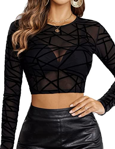 Avidlove Damen Bluse Sexy Top Festival Outfit Crop Oberteile Rave Body Langarm Shirt Mesh Clubwear Schwarz/Line M